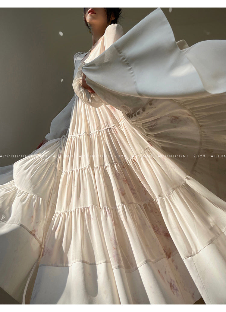 Aconiconi| French print fairy vacation loose chiffon long dress - Huanxi dream