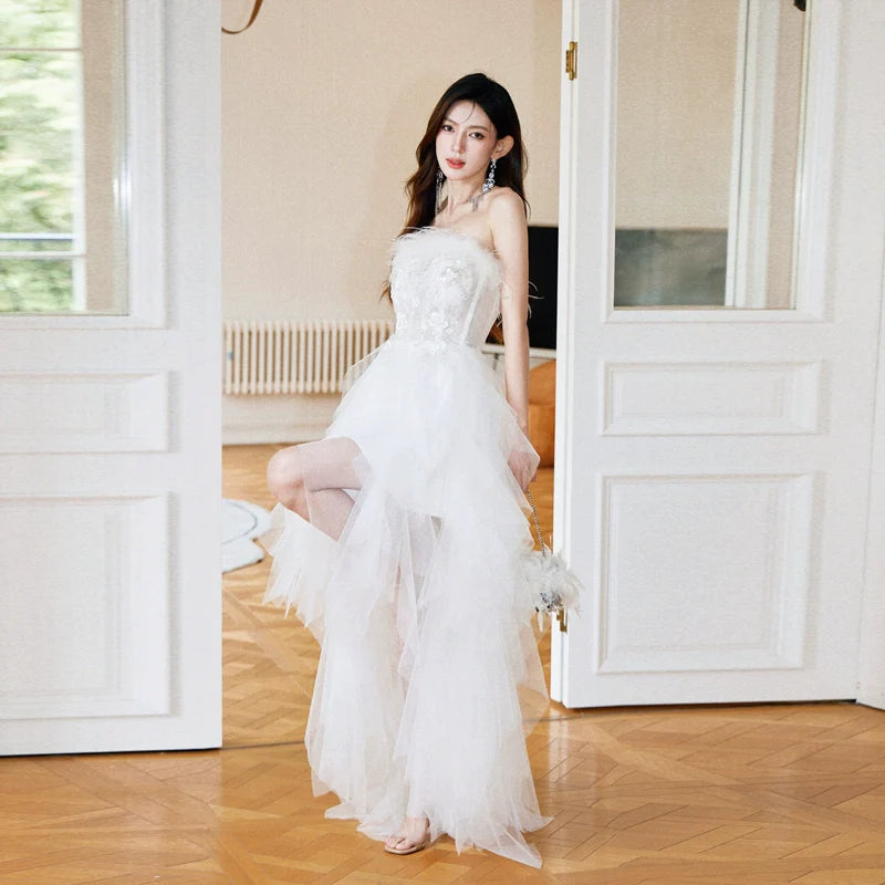DOLLY Elegant White French Style Feather Chest Wrap Wedding Dress-MARIA (V)