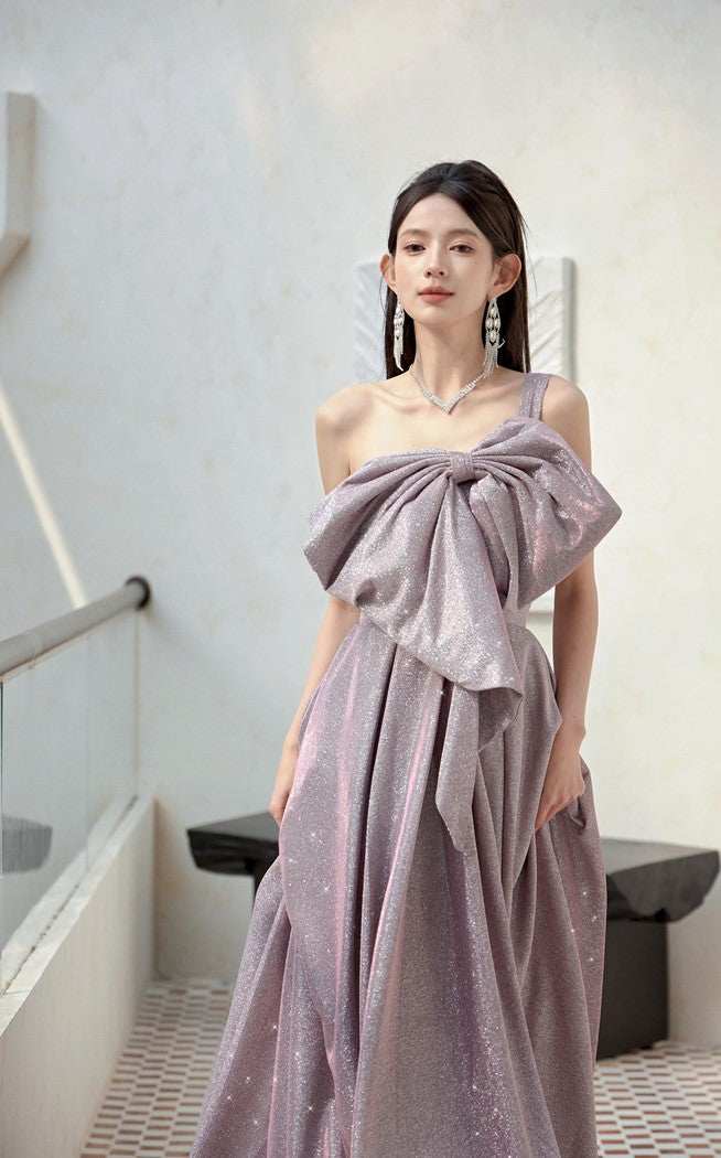 DOLLY Elegant Purple Off Shoulder Bow Sequin Long High Waist Cocktail Dress-TESSA (V)