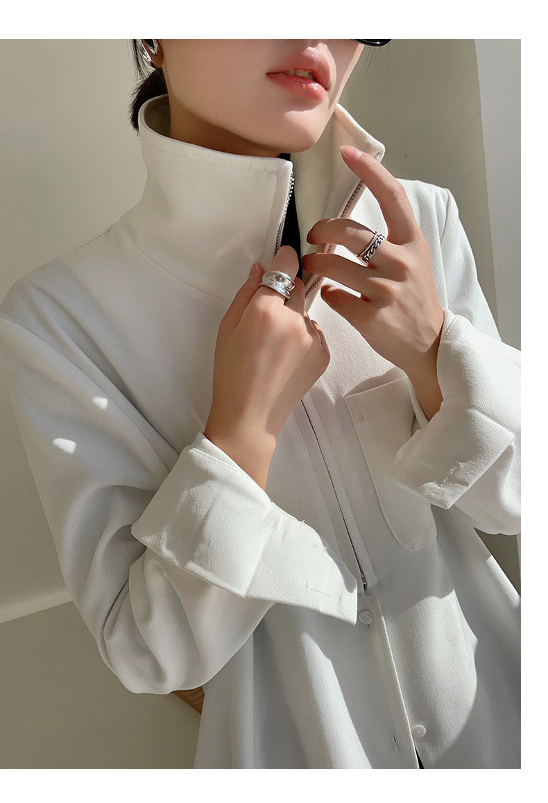 Half zipper white shirt women's autumn shirt- Tiloba