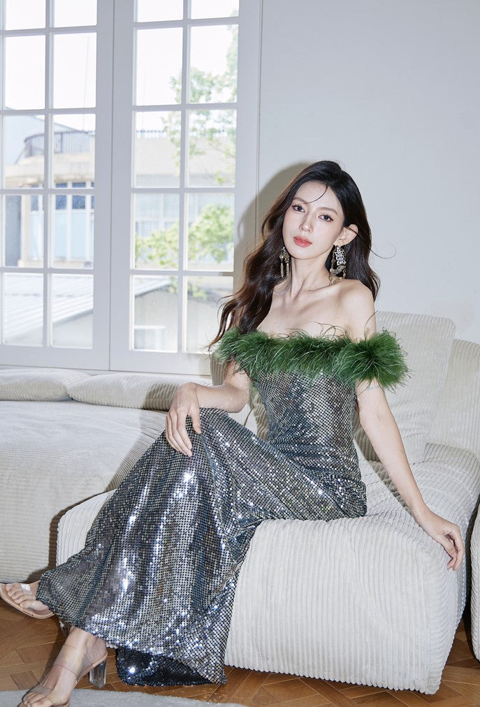 DOLLY Luxury Sliver Retro Style Green Feather Tube Top Long Glitter Party Dress-THEKLA