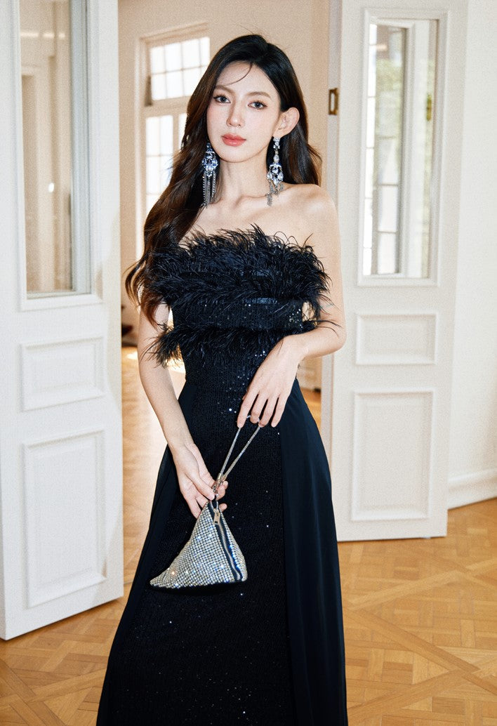 DOLLY Elegant Black Sleeveless Feather Tube Top Sequin Long Cocktail Dress-KYVELI (V)