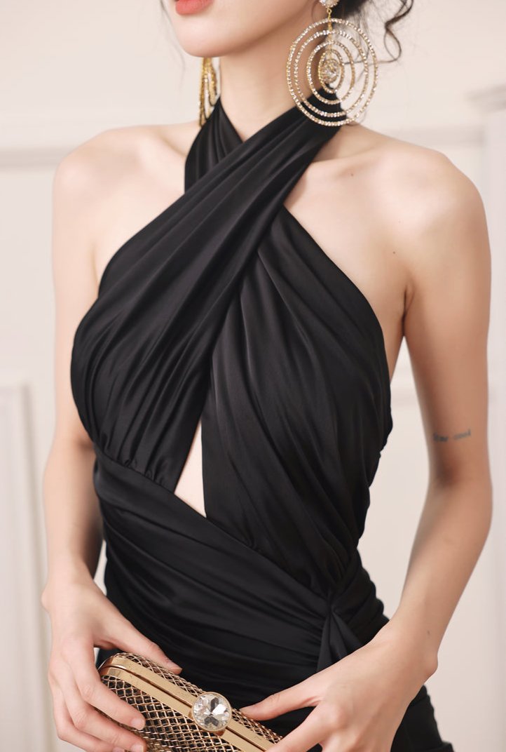DOLLY Luxury Black Swan Cross Feather Halterneck Backless Date Dress-PRAGYA