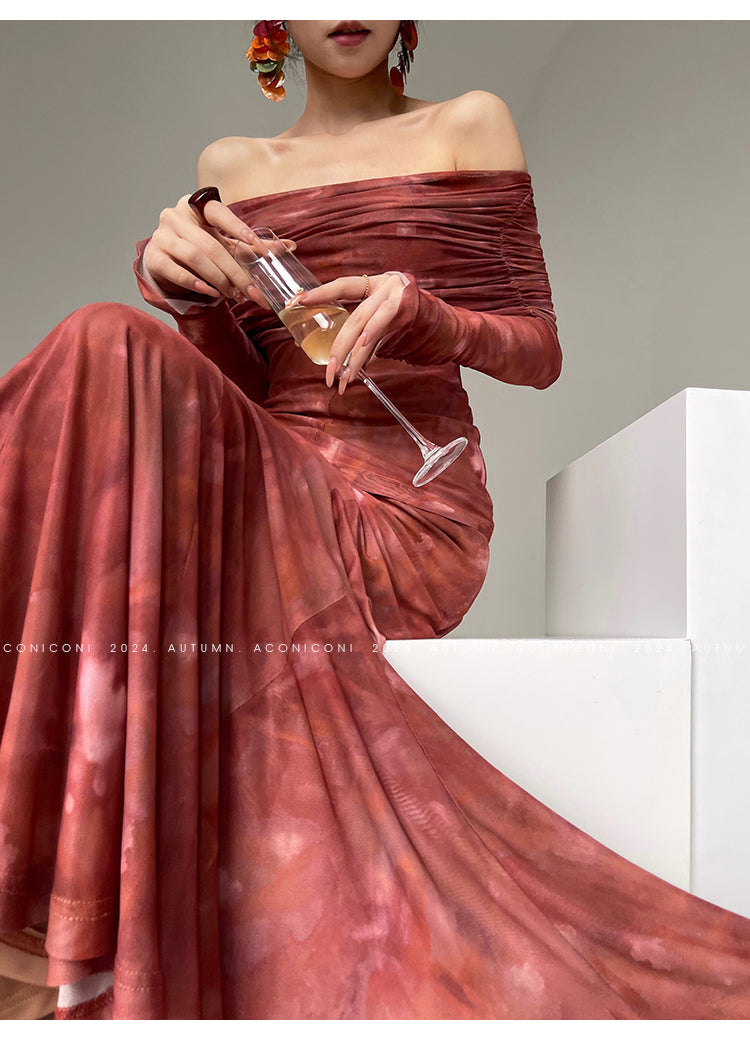 Aconiconi Luxury maxi fish Skirt Off shoulder top - Amber Sweet Tea