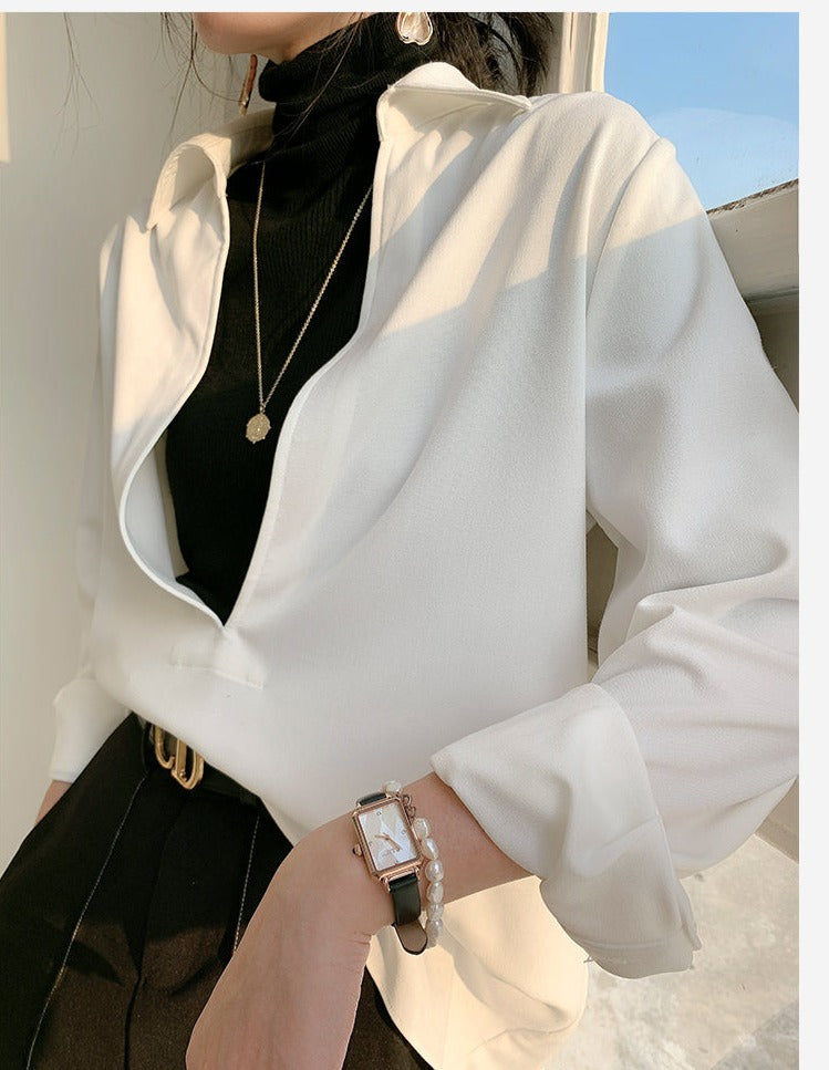White V-neck v neck shirt long-sleeved shirt -Mmia