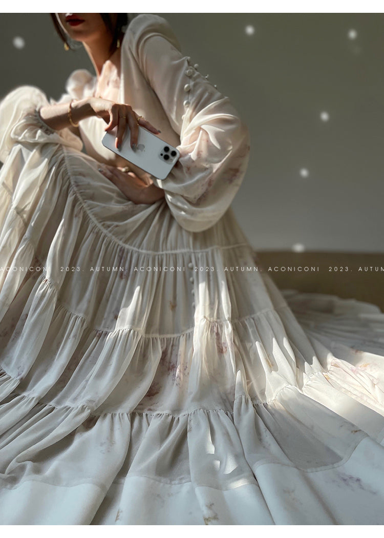 Aconiconi| French print fairy vacation loose chiffon long dress - Huanxi dream