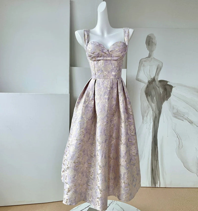 DOLLY Elegant Light Blue French High Waist Long A-Line jacquard Dress- Piere