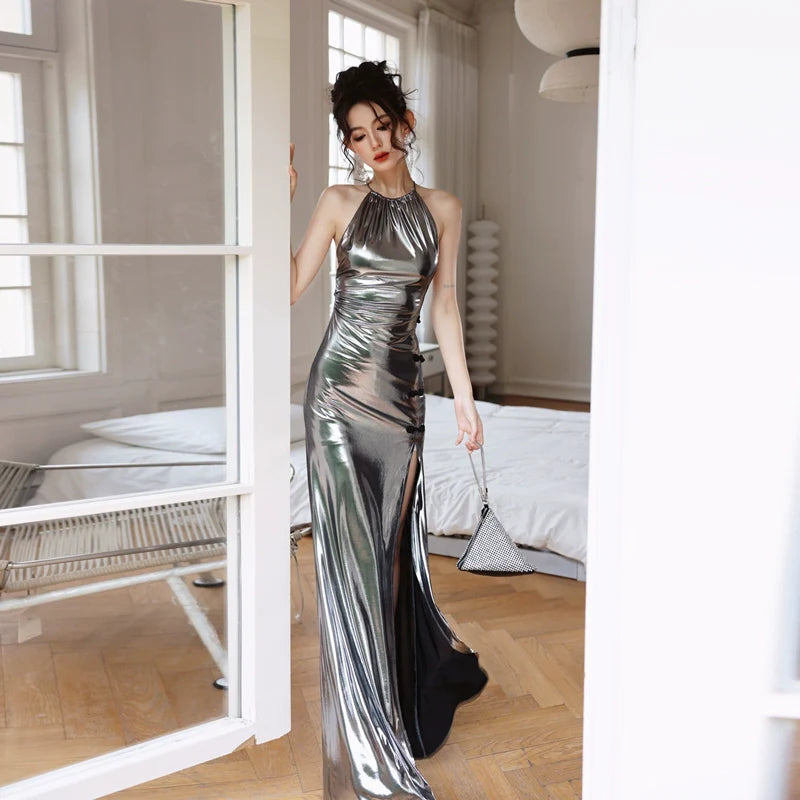DOLLY Elegant Liquid Sliver Chinese Style Halter Neck Body Hug Long Cocktail Dress-MARBLE (V)