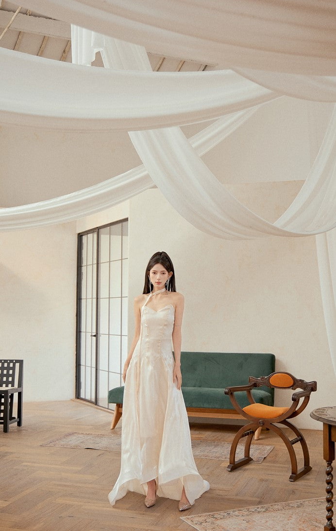 DOLLY High End Cream Sleeveless satin slip flow Wedding Dress-SONNI