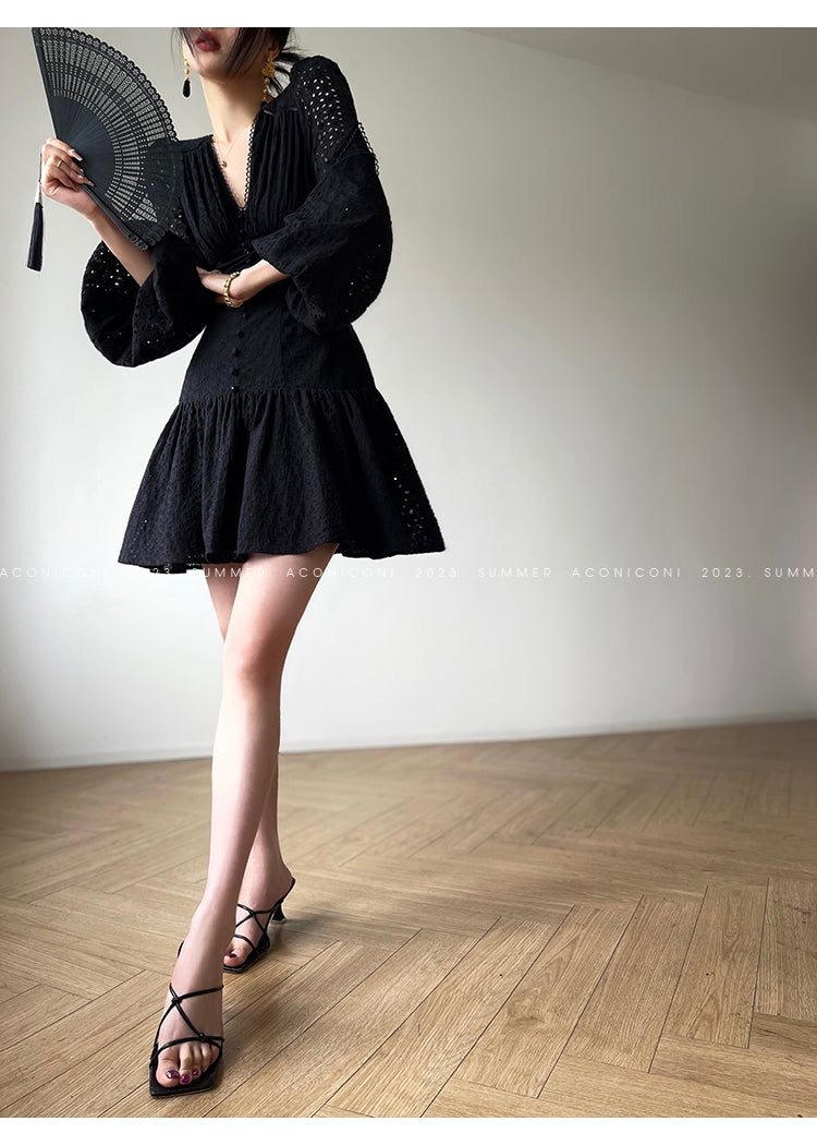 Aconiconi| French coffee break lace cotton white dress - Smoke