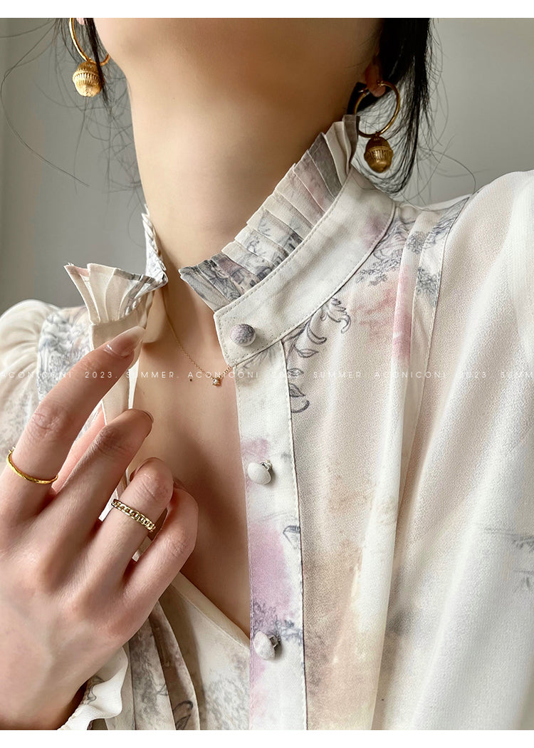 Aconiconi French puff short-sleeved shirt, tank layered printed skirt -  Kono's love letter