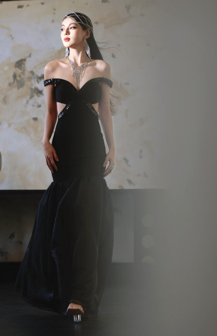 DOLLY High End Black Off Shoulder Sequin Tube Top Long Banquet Dress-Maris