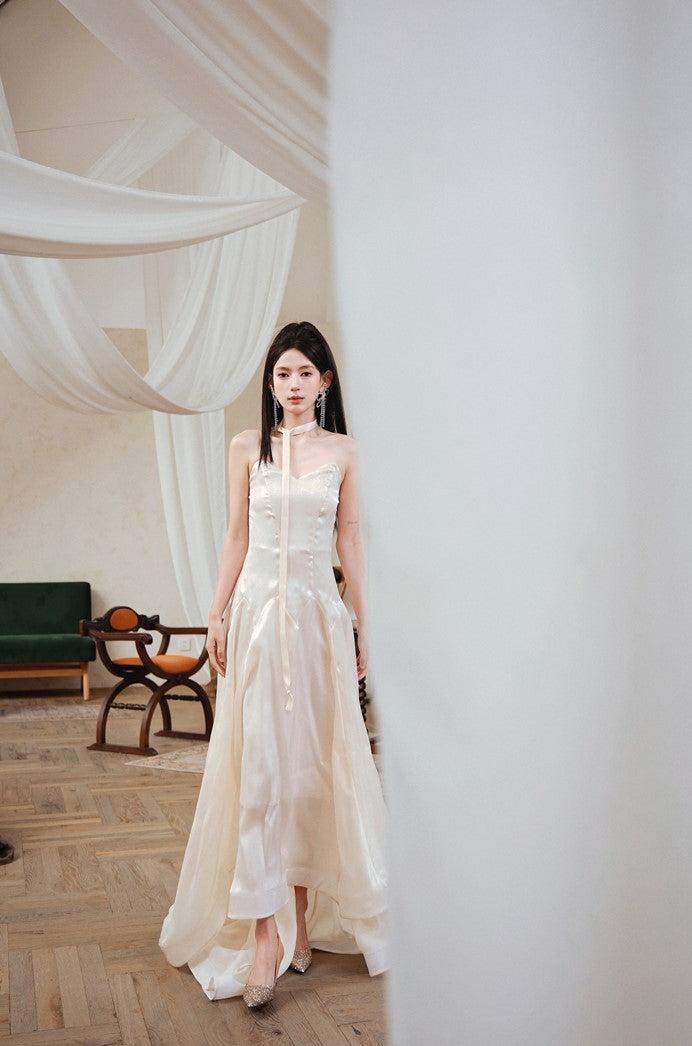 DOLLY High End Cream Sleeveless satin slip flow Wedding Dress-SONNI
