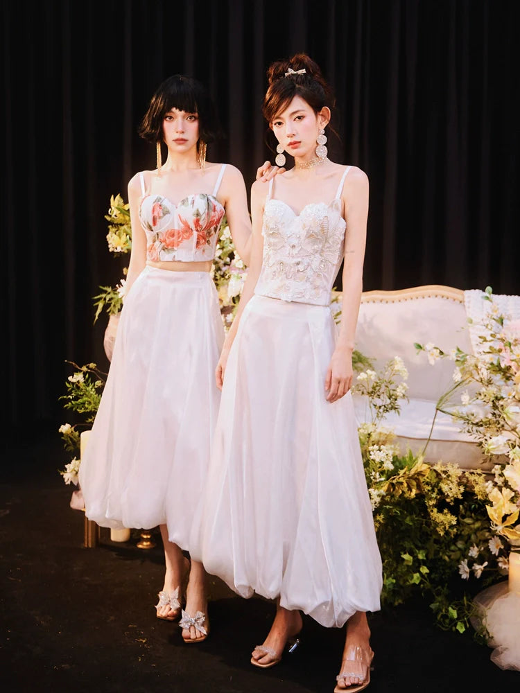 DOLLY Elegant White Natural Waist Flower Bud Long Chic Skirt-CYNTHIA (V)