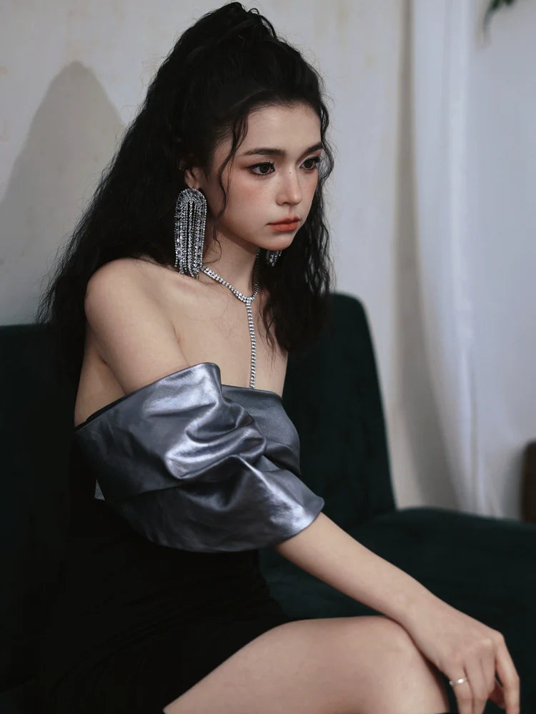 DOLLY High End Sliver/Black Off Shoulder strapless Long Cocktail Dress-MILAN
