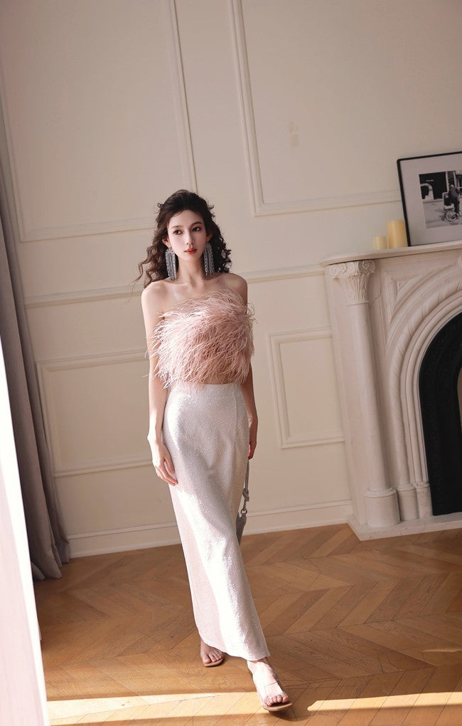 DOLLY Elegant Pink Fluffy Ostrich Feather Chic Tube Top-EMMA