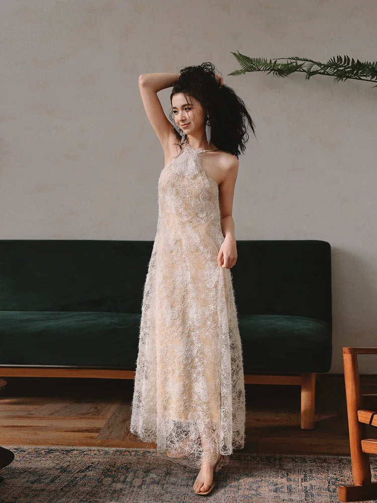 DOLLY Elegant Off White Retro Halter Neck Backless holiday Dress-JADE