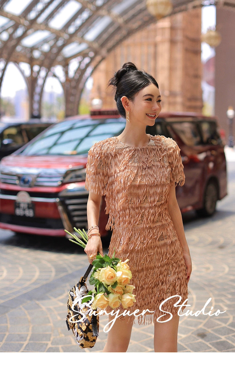 Quality Haute couture hand-cut tassel beaded pieces embroidered cocktail dress