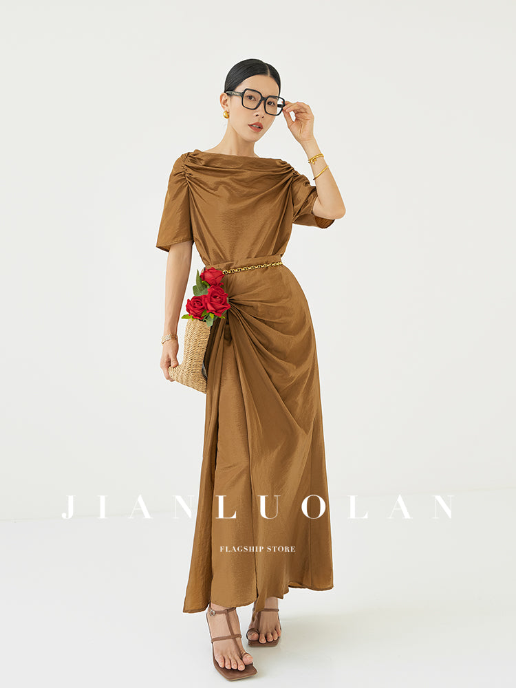 Huanzi custom pleated short-sleeved top + high-waisted heavy kneaded pleated shape split skirt suit