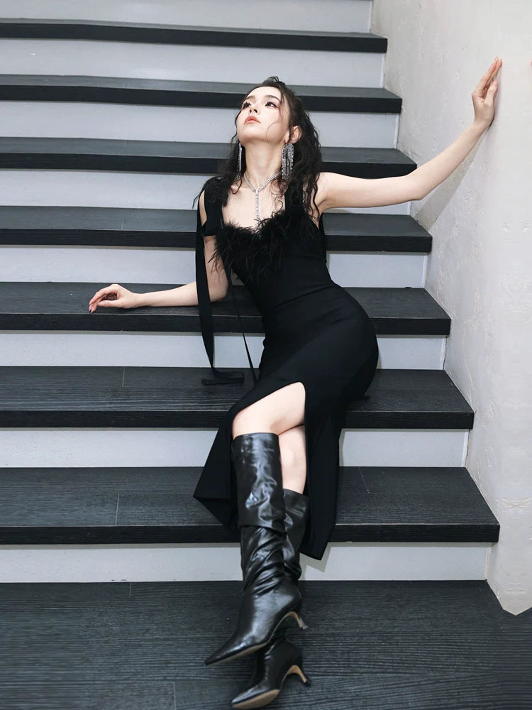 DOLLY Elegant Black French Style Body Shape Suspender Dinner Dress-LENA (V)