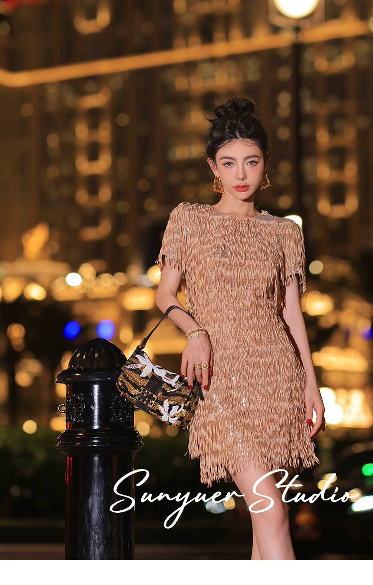 Quality Haute couture hand-cut tassel beaded pieces embroidered cocktail dress