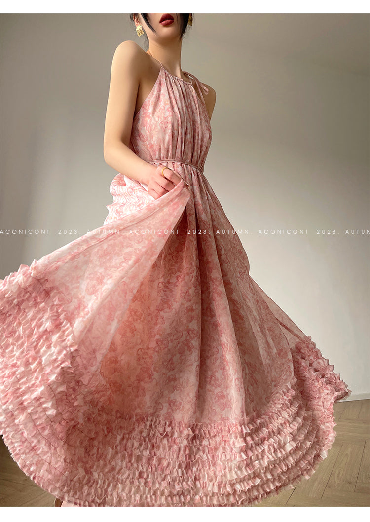 Aconiconi| halter-neck summer broken flowers vacation holiday style fairy dress - cherry blossom