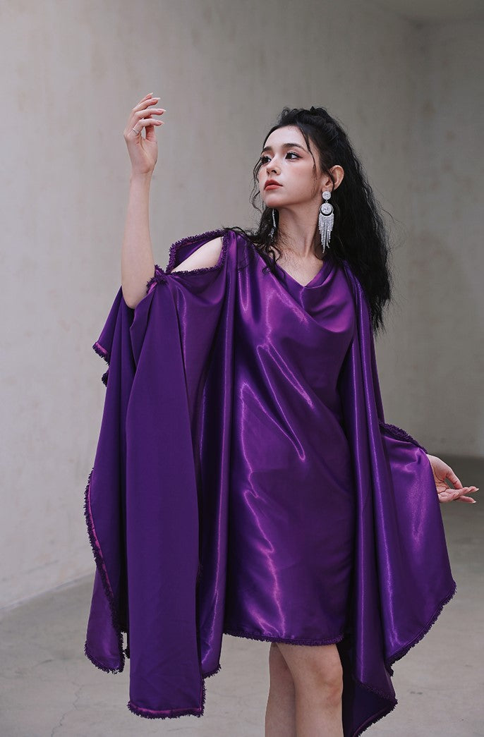 DOLLY Elegant Deep Purple Off Shoulder Swing Collar Short Party Dress-PREETI