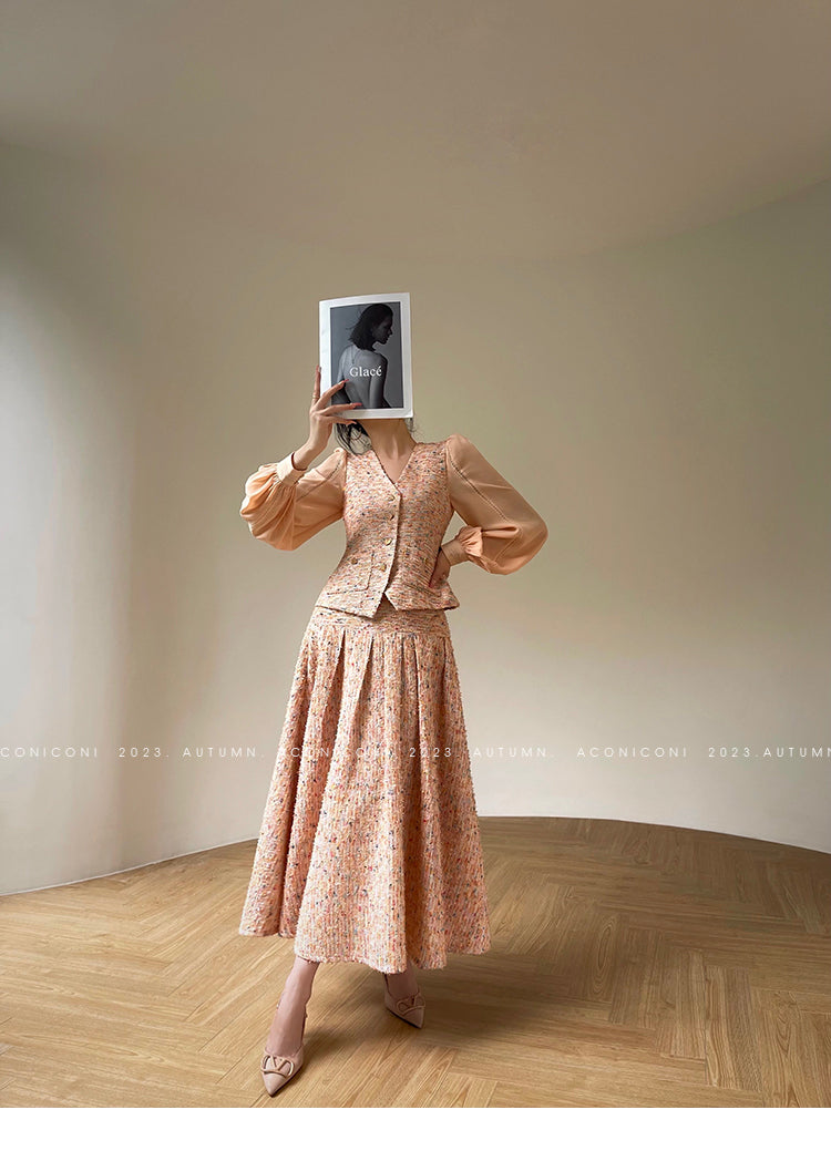 Aconiconi| Tweed, high-end vest, shirt,, high-waisted skirt - Anabelle