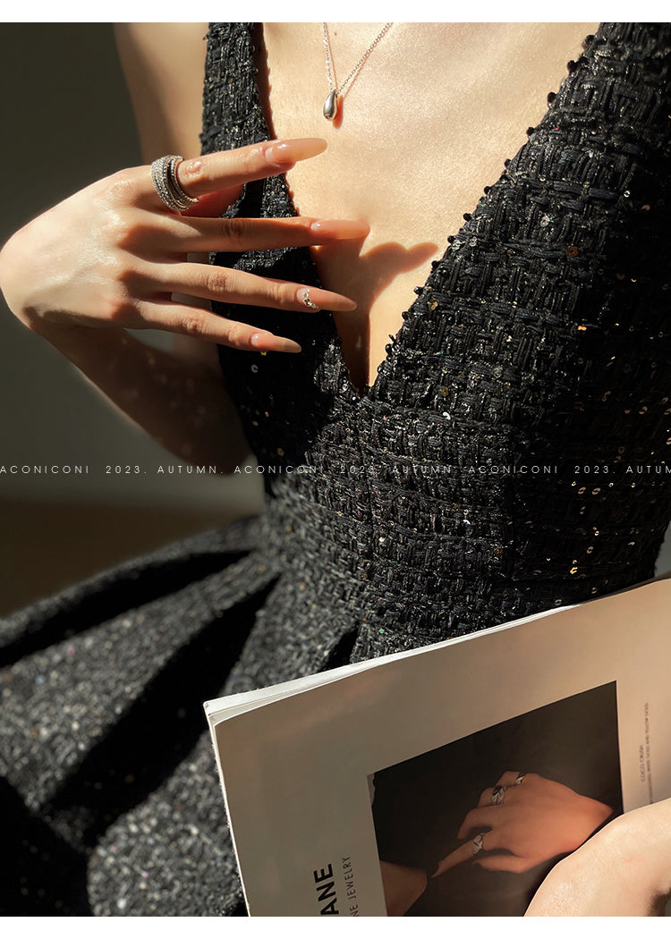 Aconiconi Tweed Sequins Fragrance Dress Skirt Loose Blazer Skirt