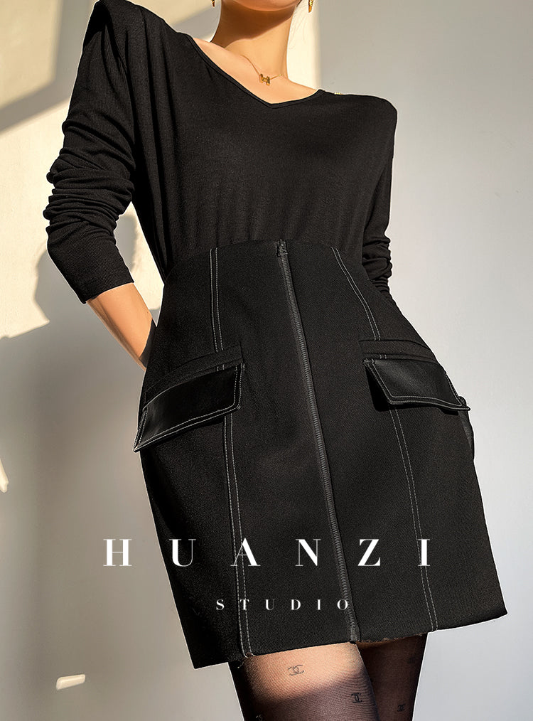 Huanzi Autumn winter foreign style zipper high-waist skirt - Riwre
