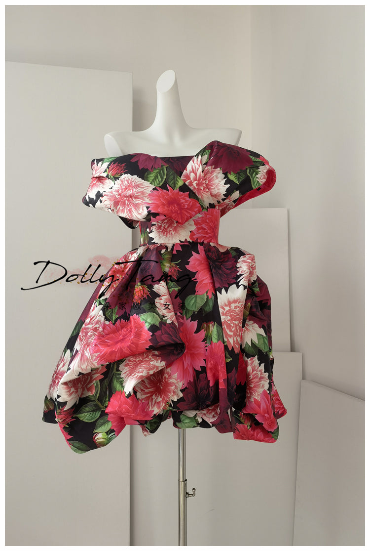 DOLLY Elegant Off Shoulder Flower Print fold bubble Dress-CINDY