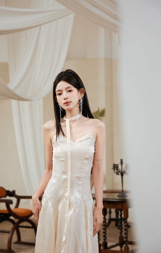 DOLLY High End Cream Sleeveless satin slip flow Wedding Dress-SONNI