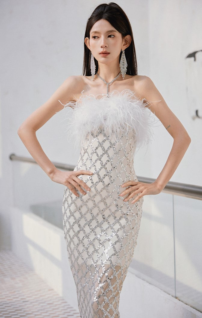 DOLLY High End Sexy Feather Bandeau Slim Fit Hip Hug Dinner Dress-Sliva