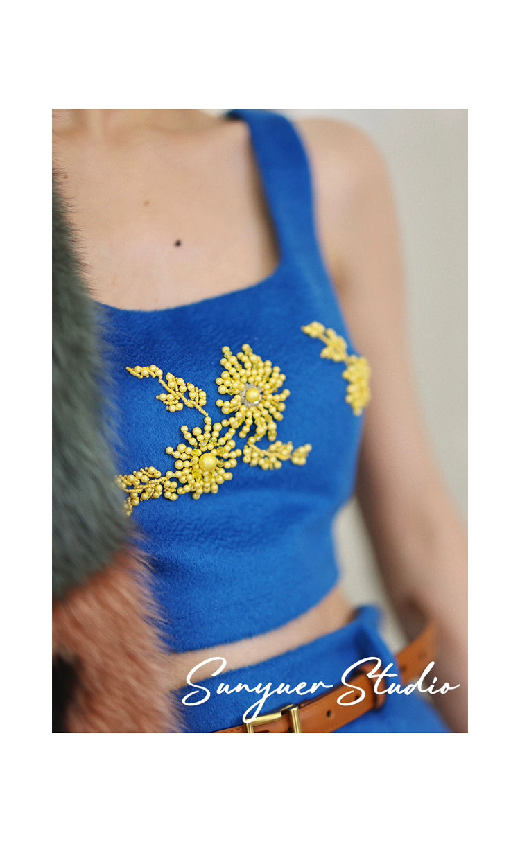 Blue autumn fall winter Wool hand-beaded yellow crystal stones top + skirt two-piece set