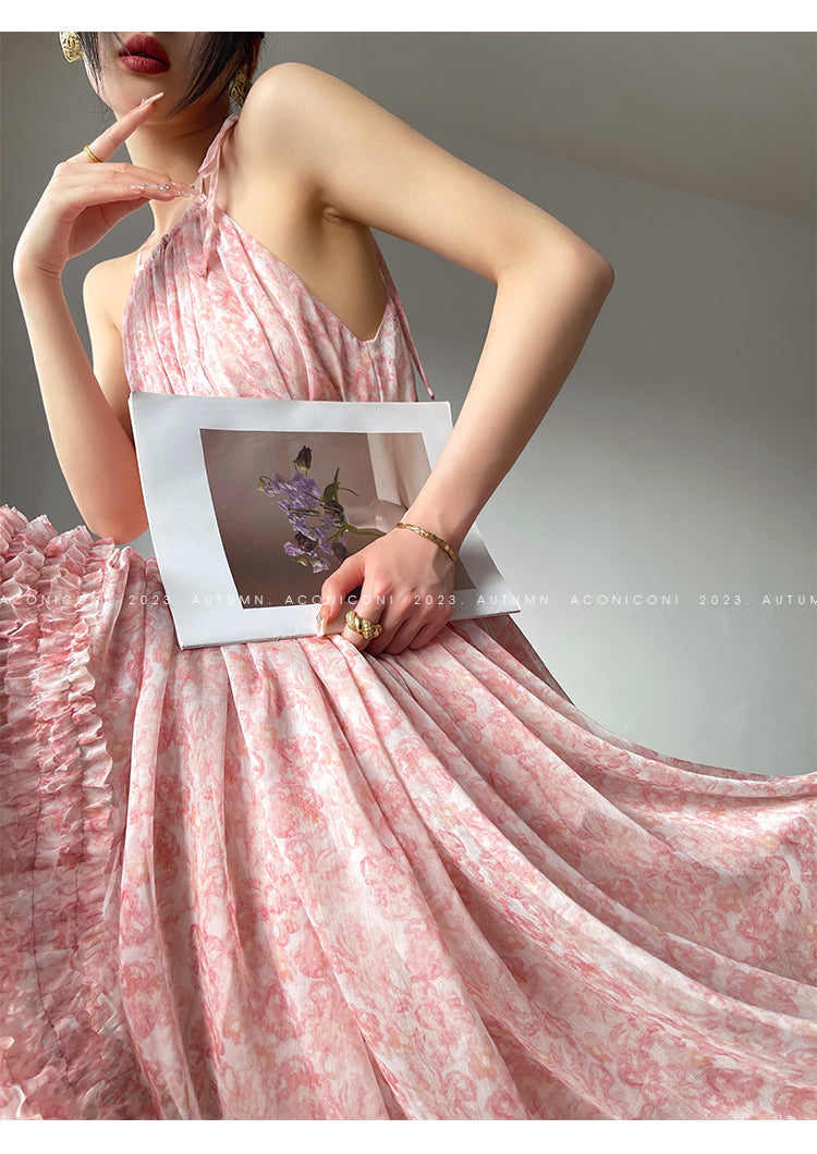 Aconiconi| halter-neck summer broken flowers vacation holiday style fairy dress - cherry blossom