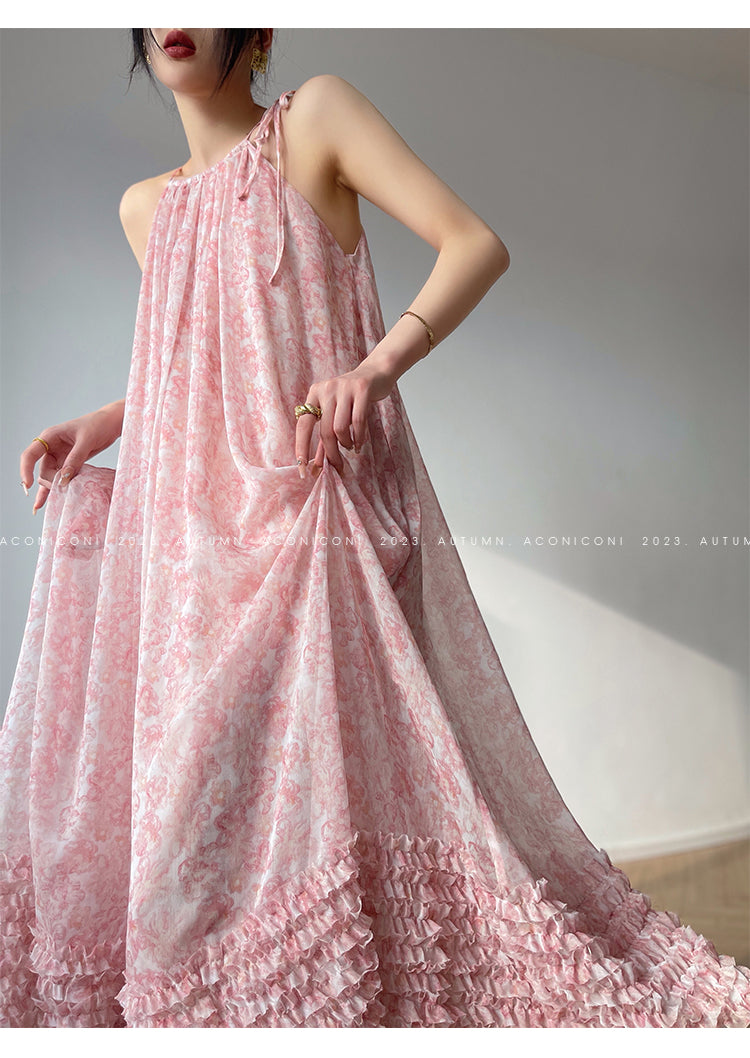 Aconiconi| halter-neck summer broken flowers vacation holiday style fairy dress - cherry blossom