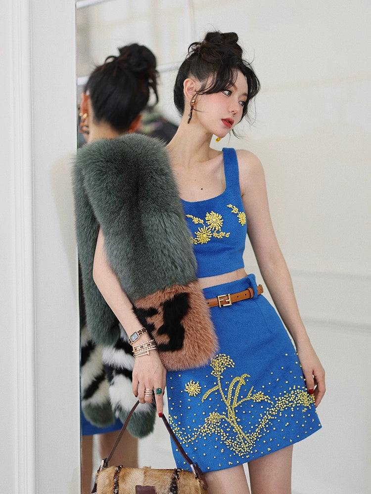 Blue autumn fall winter Wool hand-beaded yellow crystal stones top + skirt two-piece set