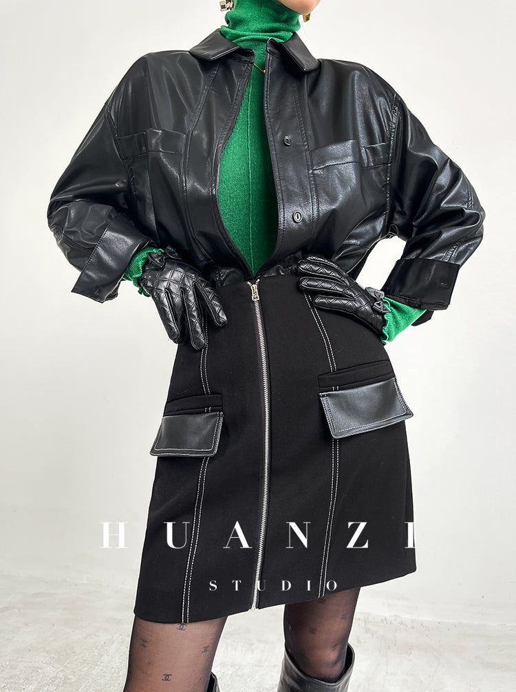 Huanzi Autumn winter foreign style zipper high-waist skirt - Riwre