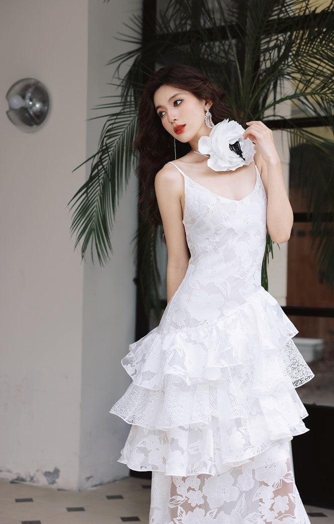 DOLLY Elegant White Flower Embroidery Lace Ruffle Layered Dinner Dress-DAISY (V)