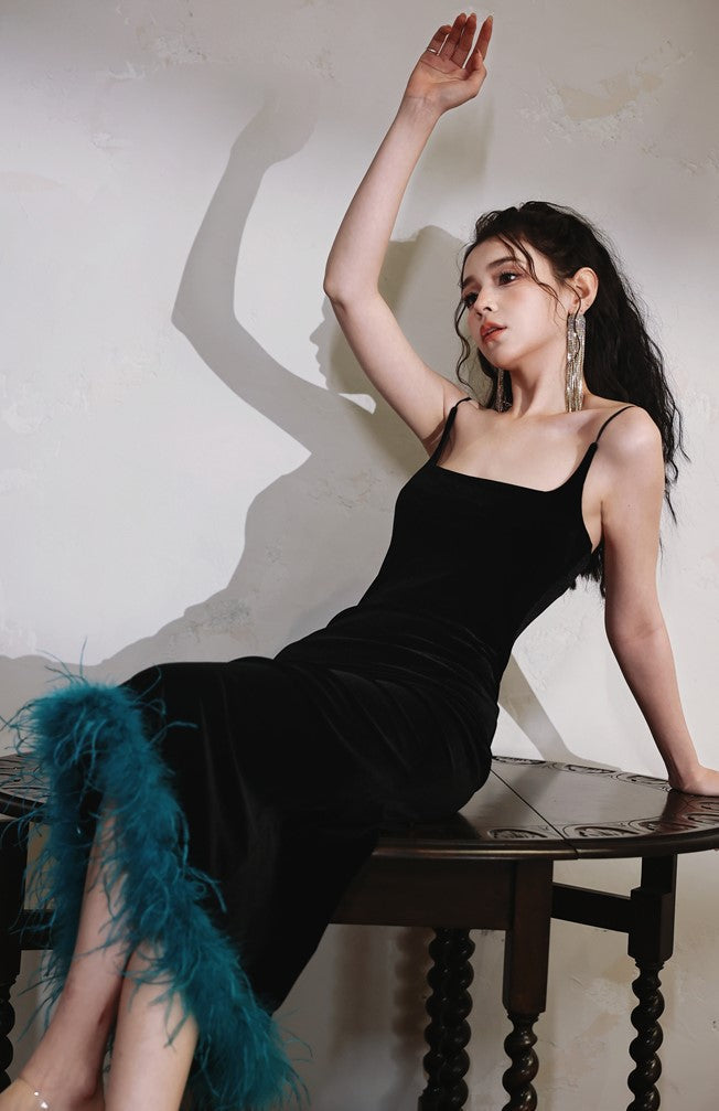 DOLLY Elegant Black Retro Sleeveless Velvet Midi Green Feather Date Dress-ZANIE (V)