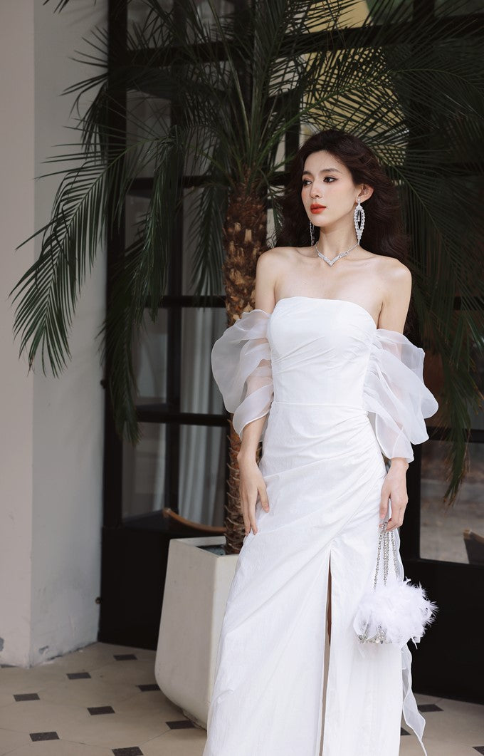 DOLLY Elegant White Off Shoulder Short Puff Sleeve High Waist Wedding Dress-NIKKA