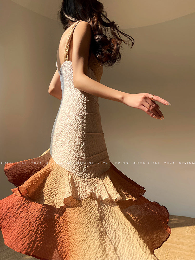 Aconiconi Luxury Sleeveless cowl neck ombre pleated hem Dress- Long Island Iced Tea