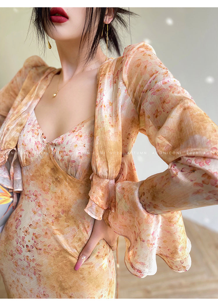 Aconiconi| French elegant print slip dress + top short cardigan-Tsubakino Hanazaki
