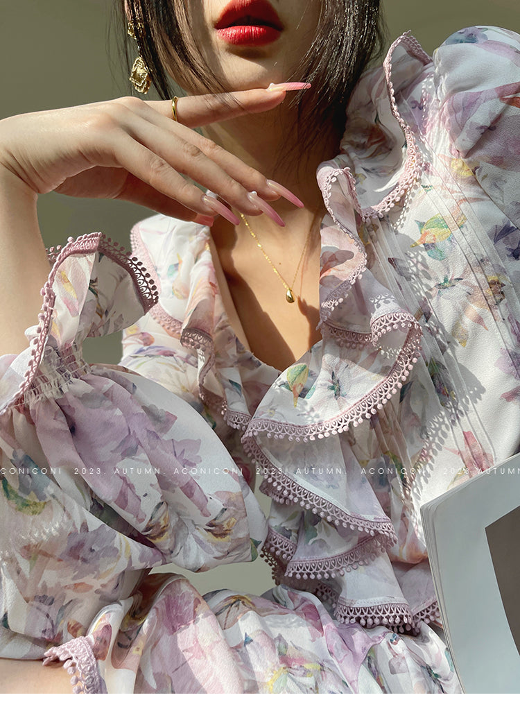 Aconiconi| High end designer printed top shirt + A-line skirt suit - Hyacinth