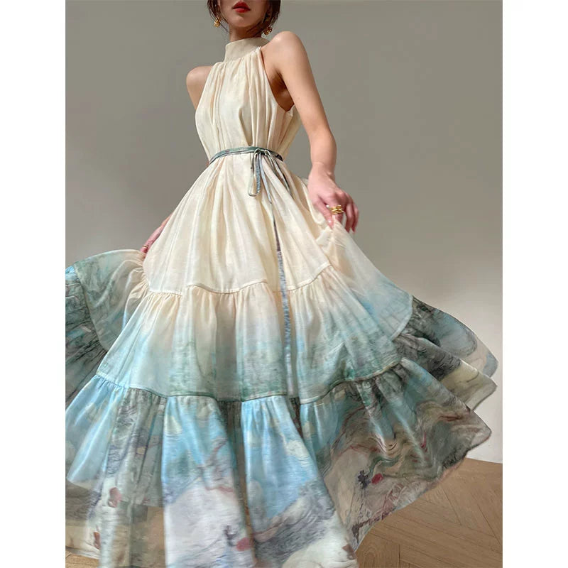 Aconiconi| Louvre Picture Reflection printed halter neck maxi skirt vacation dress - Miinia
