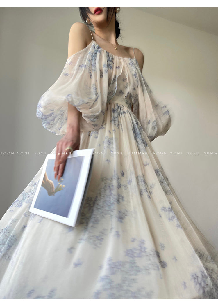 Aconiconi| Slip Off-the-Shoulder Top Skirt - Flower fairy