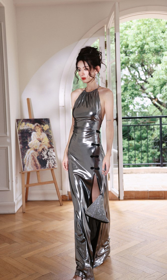 DOLLY Elegant Liquid Sliver Chinese Style Halter Neck Body Hug Long Cocktail Dress-MARBLE (V)
