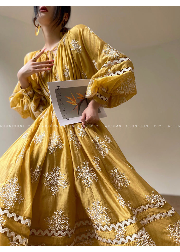 Aconiconi Light French Loose Slouchy Lace Balloon Sleeve Dress - Sunset