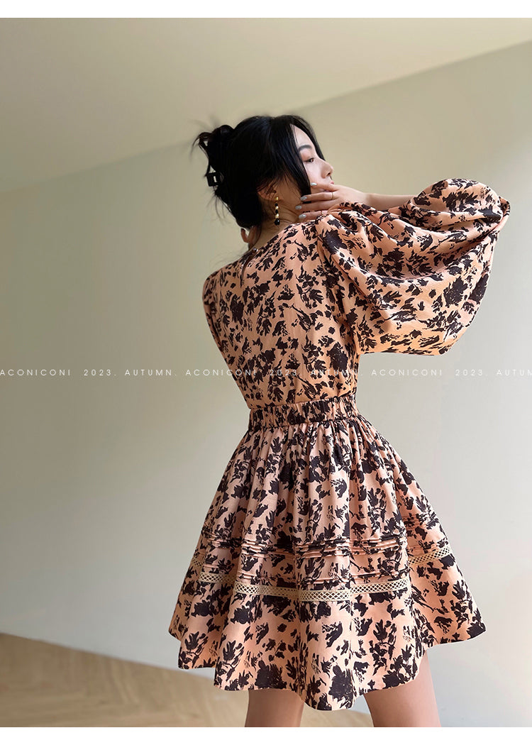 Aconiconi| French print high-end balloon sleeve top dress - Lin Yingyu