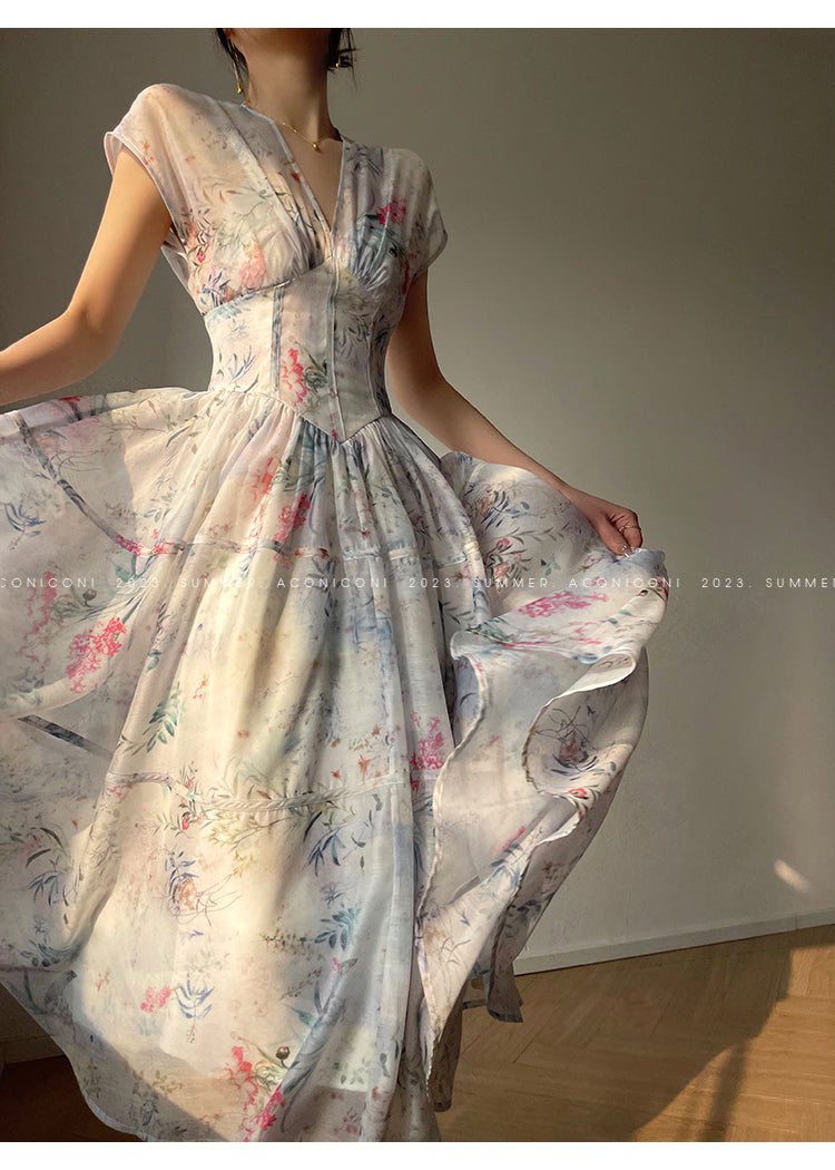 Aconiconi|high-end V-neck exquisite printed tea summer dress- Yufu fairy